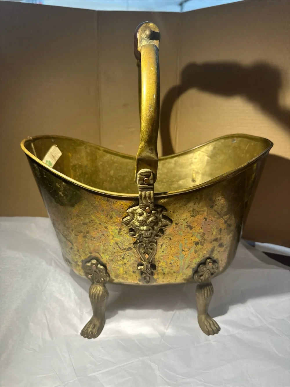 Solid copper and brass coal handle lions head footed made in Ireland 12”x13”x9”